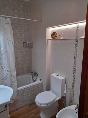 Hair dryer, towels, soap, toilet paper