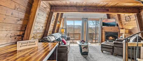 TV, fireplace, books, stereo