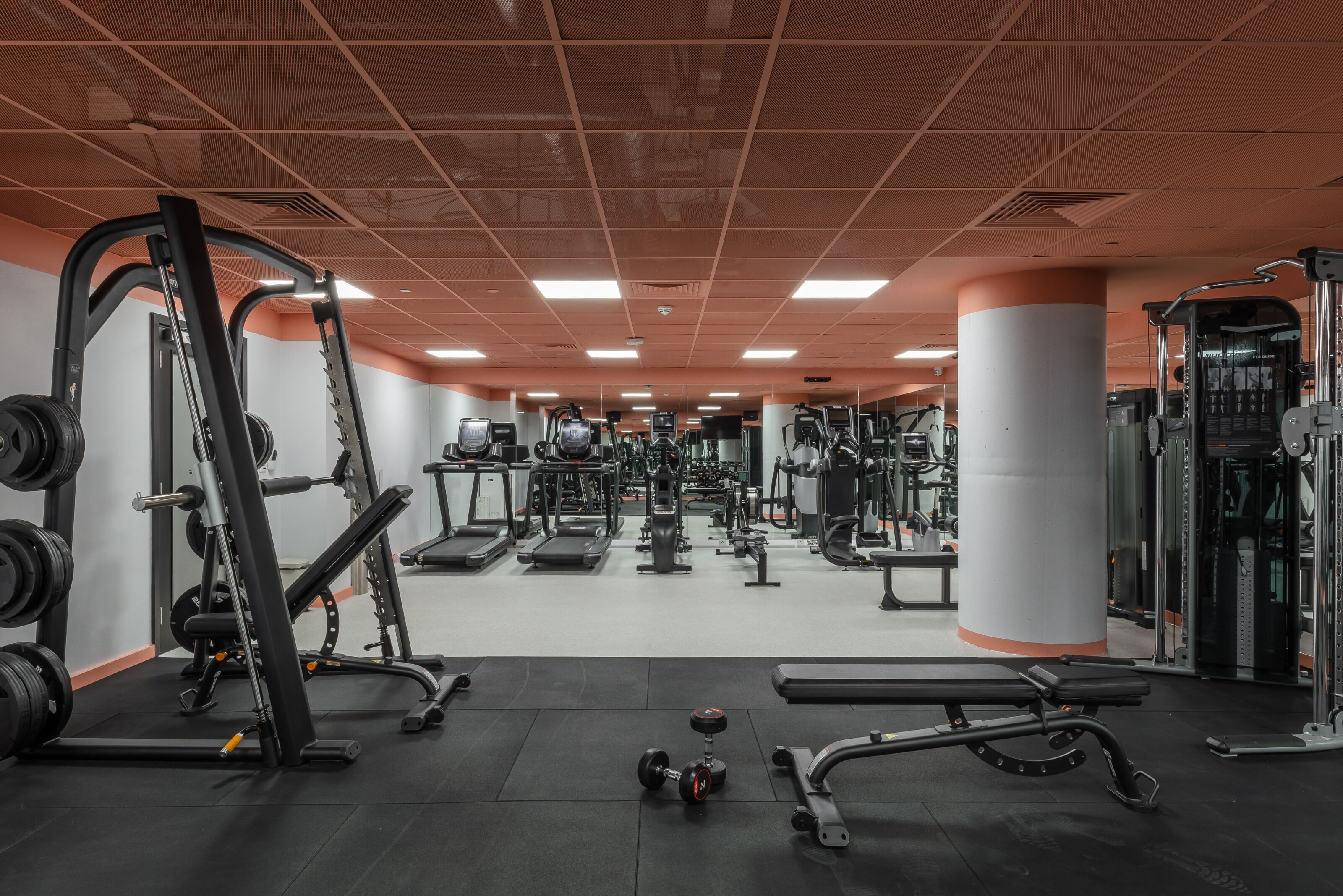 A gym with various exercise equipment, including weight machines, benches, and dumbbells.