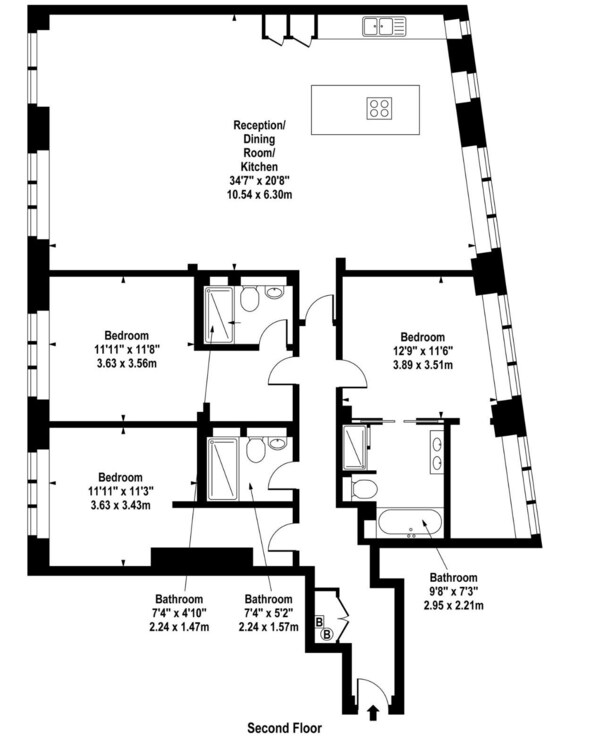 Ein Grundriss eines Hotels mit drei Schlafzimmern, zwei Bädern, einem Esszimmer und einer Küche.