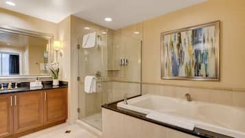 Shower, jetted bath, hair dryer, towels