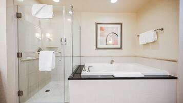 Shower, jetted bath, hair dryer, towels