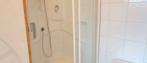 A bathroom with a glass shower enclosure, a toilet, and a towel rack.