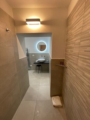 Shower, hair dryer, bidet, towels