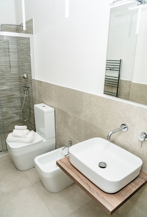 Shower, hair dryer, bidet, towels