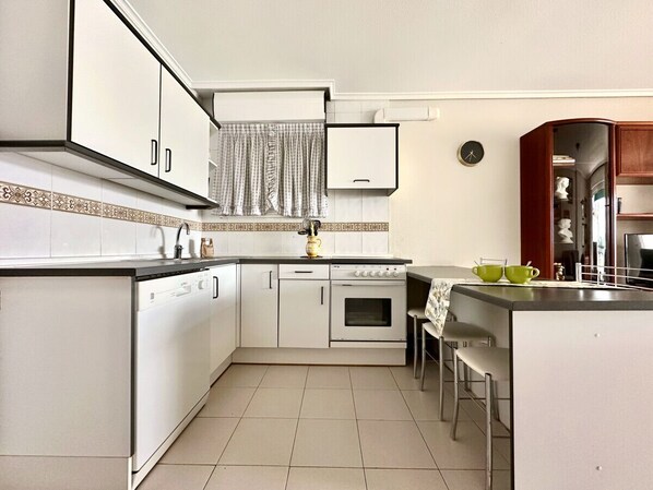 Fridge, microwave, oven, toaster