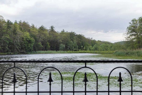 Une rivière avec une rambarde métallique au premier plan.