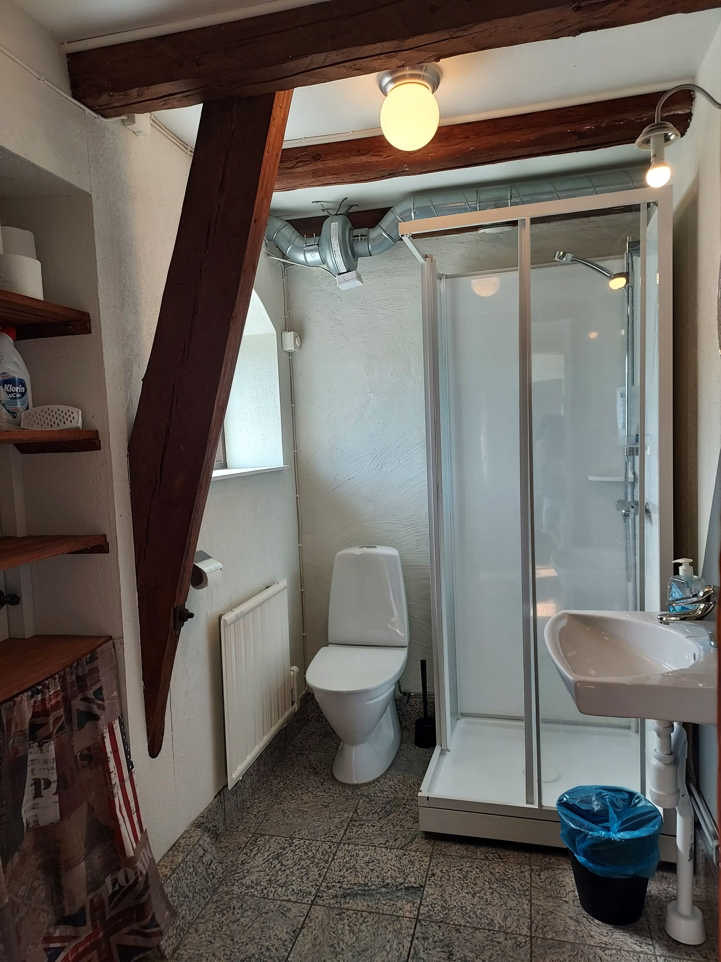 Une salle de bain équipée de toilettes, d’une douche, d’un lavabo et d’une poubelle bleue.