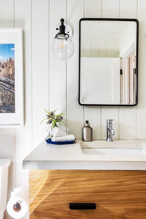 A bathroom with a white vanity, a mirror, a wall-mounted light fixture, a towel rack, and a small plant. - The Cape Guesthouse (Fredericksburg)