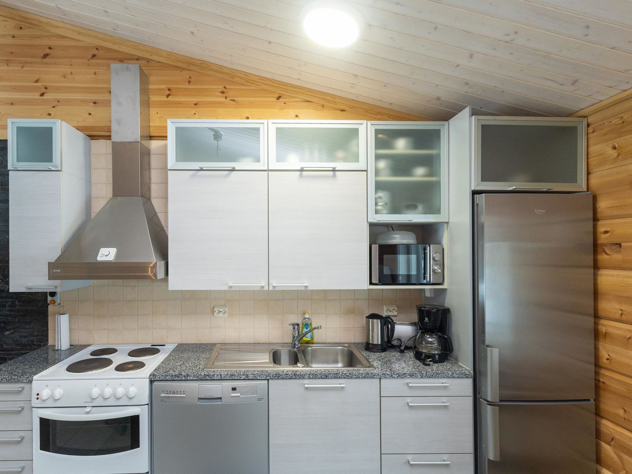 Fridge, microwave, dishwasher, cookware/dishes/utensils