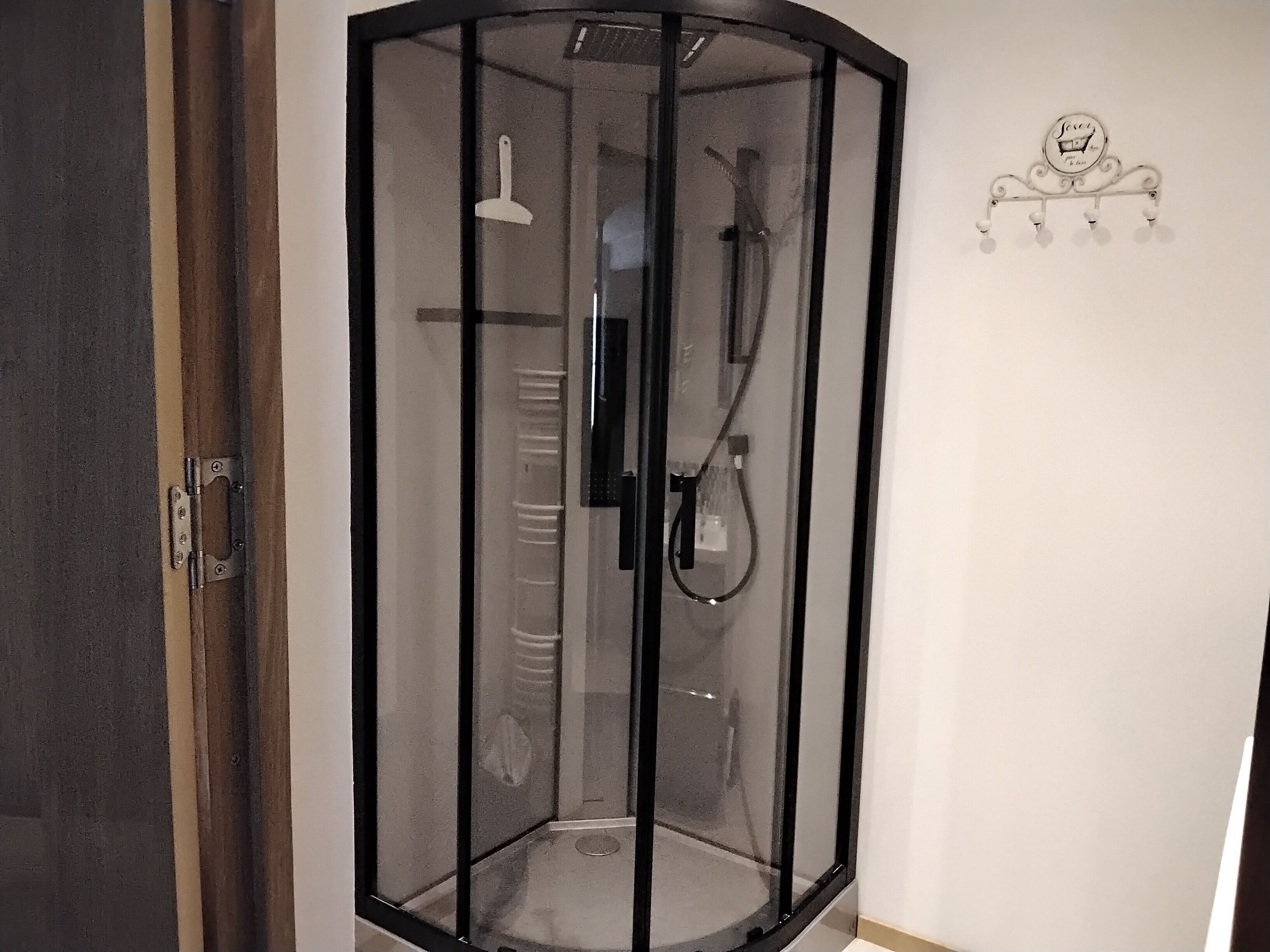 Eine Duschkabine mit Dusche, Handbrause und einem an der Wand befestigten Handtuchhalter.
