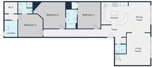 A floor plan with three bedrooms, a kitchen, dining room, living room, foyer, and a laundry area. - Loft above the Villager Pub with Round Lake marina sunsets — walk Bridge St + East Park. (Charlevoix)