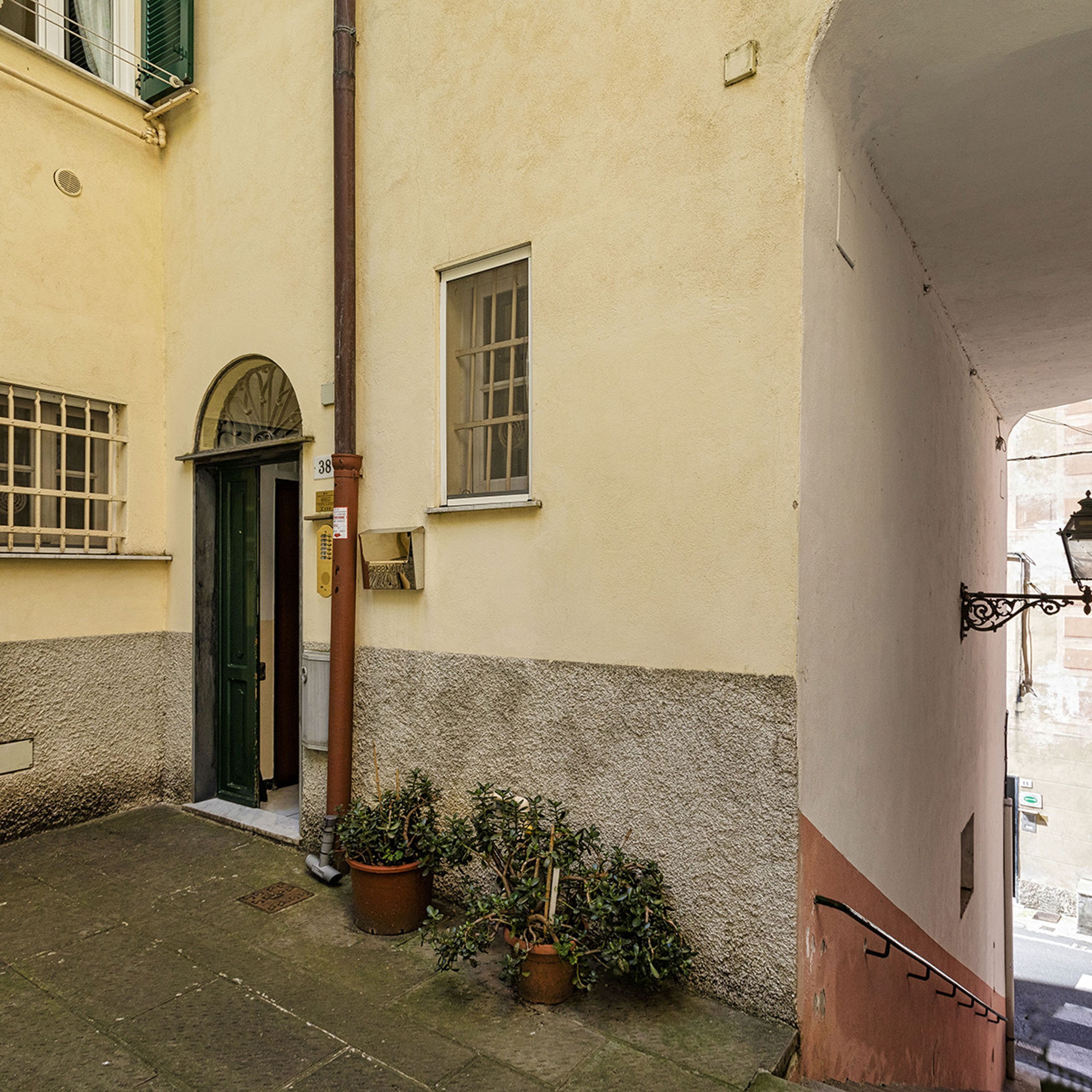 A narrow alleyway with a building entrance, a green door, and potted plants.