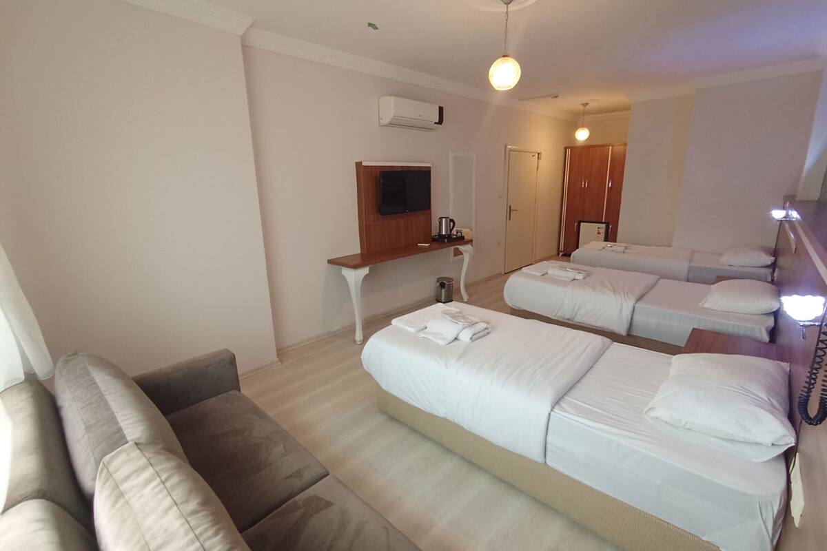Quarto de hotel com sofá, duas camas, televisão e espelho.