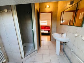Une salle de bain avec une douche, un lavabo et un miroir.