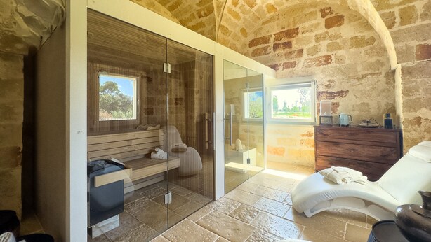 Une salle de spa équipée d’un sauna, d’une douche à parois de verre et d’un banc en bois.