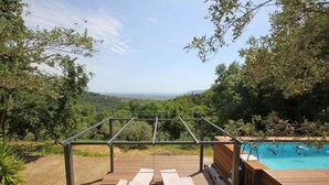 Une terrasse en bois avec des chaises longues et une piscine.