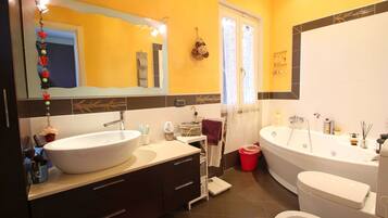 Shower, jetted tub, hair dryer, bidet
