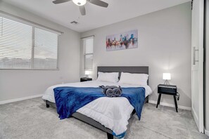 4 bedrooms, desk, iron/ironing board, travel cot