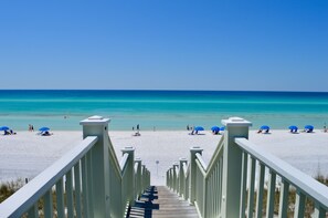 A wooden boardwalk leading to a beach with clear turquoise water and white sand. - 4 Min Walk To Beach In Seaside, FL! Sleeps 4 + 2 Adult Bikes! (Santa Rosa Beach)