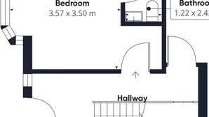 A floor plan with a bedroom measuring 3.57 x 3.50 m, a bathroom measuring 1.22 x 2.42 m, and a hallway. - Host & Stay | Clifton Studio 1 (Darlington)