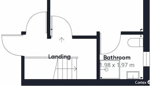 A bedroom measuring 4.07 x 3.82 m, a landing area, and a bathroom measuring 1.98 x 1.97 m. - Host & Stay | Clifton Studio 4 (Darlington)