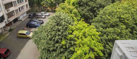 Un quartier résidentiel avec des voitures garées et une végétation luxuriante.