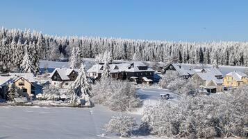 Een besneeuwde woonwijk met huizen en een heldere lucht.