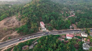 Vista aérea de una carretera con vehículos, rodeada de densa vegetación y algunos edificios con tejados rojos.