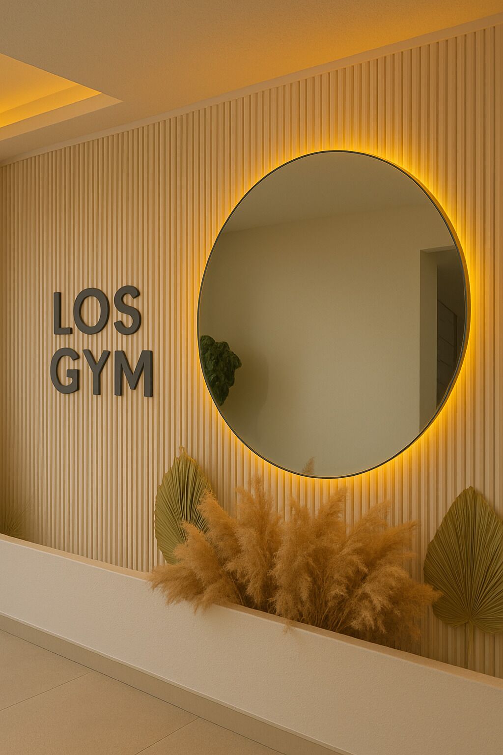 A wall with a circular mirror, a sign reading "LOS GYM", and decorative plants.