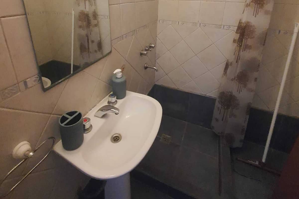 Ein Badezimmer mit einem weißen Waschbecken, einem Spiegel und einer blumendrucken Duschvorhang.