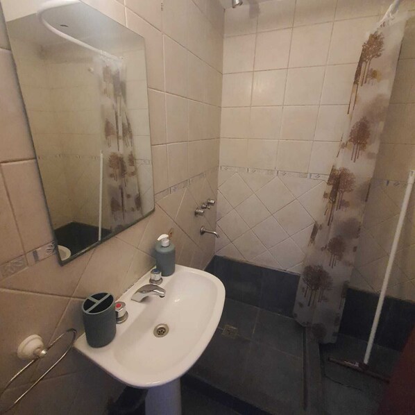 A bathroom with a white sink, a mirror, and a shower curtain with a floral pattern. - Hostel Guemes (Córdoba)