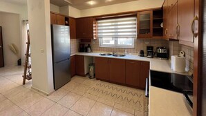 Una cocina moderna con refrigerador, pileta doble y armarios de madera.