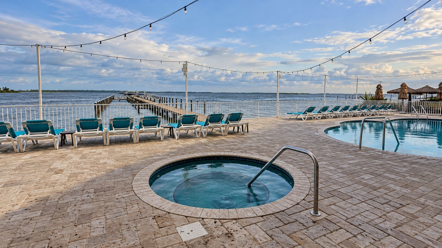A poolside area with lounge chairs, a small pool, and a pier extending into the water.