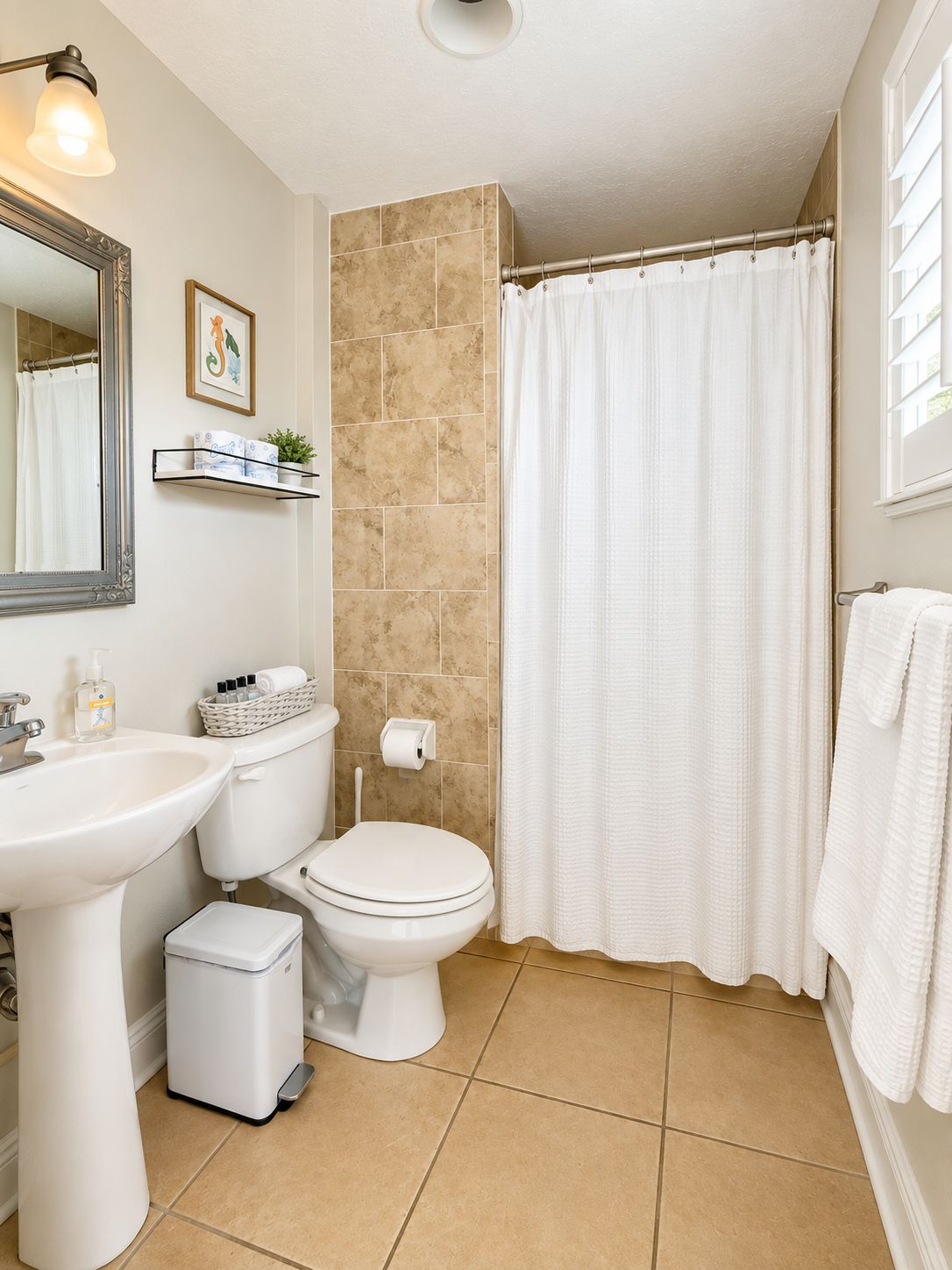 A bathroom with a sink, toilet, and shower curtain.