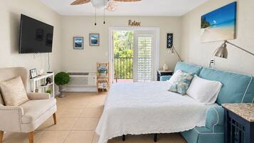 A bedroom with a bed, a chair, a TV, a ceiling fan, a balcony door, and a painting.