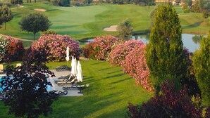 Ein Golfplatz mit Teich, umgeben von üppiger Vegetation und blühenden Bäumen.