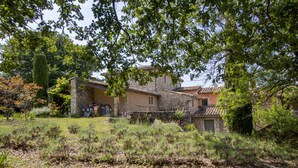 Una casa de piedra con techo de tejas, rodeada por un jardín con diversas plantas y un árbol alto.