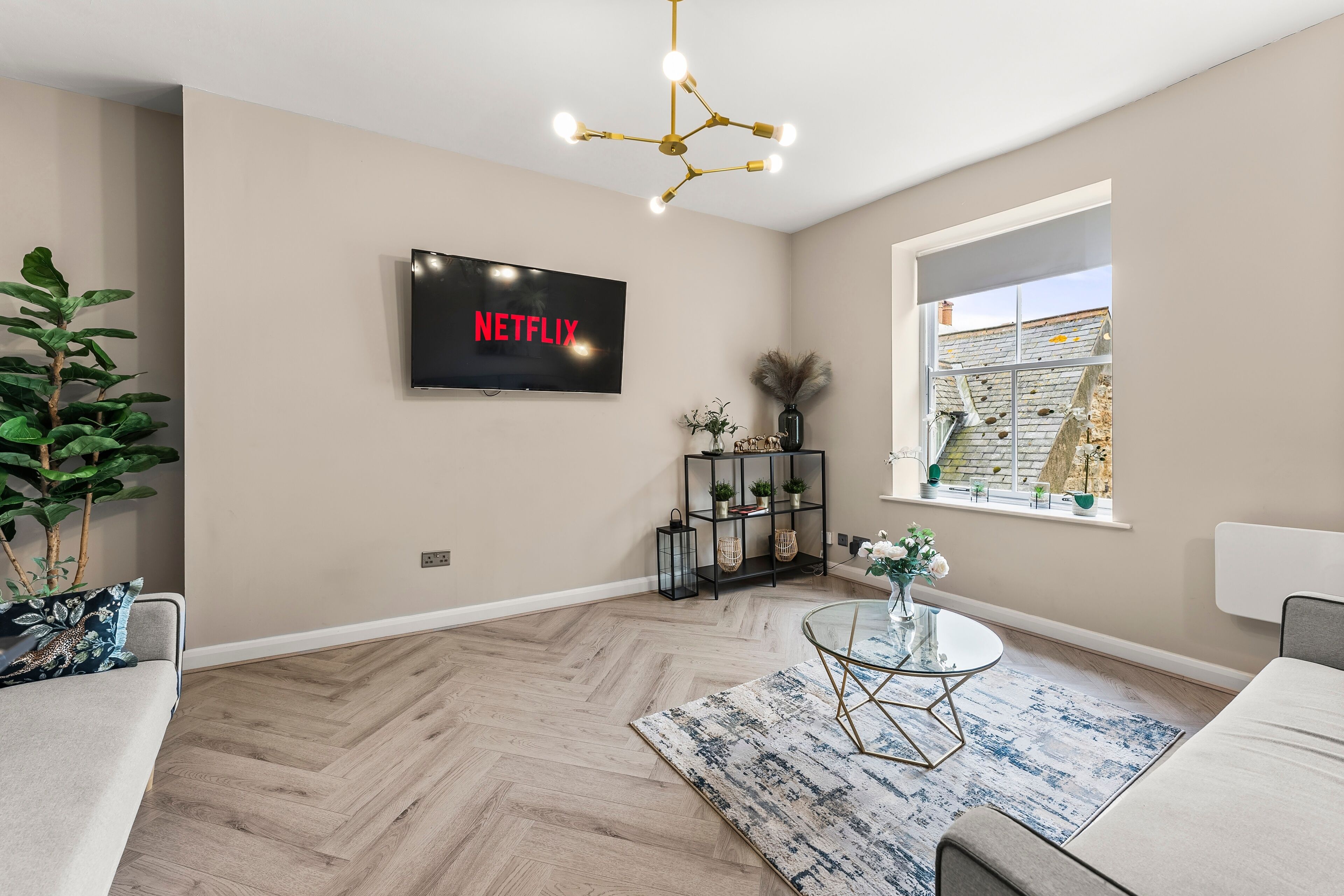 Un salon avec un téléviseur à écran plat affichant le logo « NETFLIX », une plante en pot, une bibliothèque, une table basse ronde en verre et une fenêtre donnant sur un paysage.
