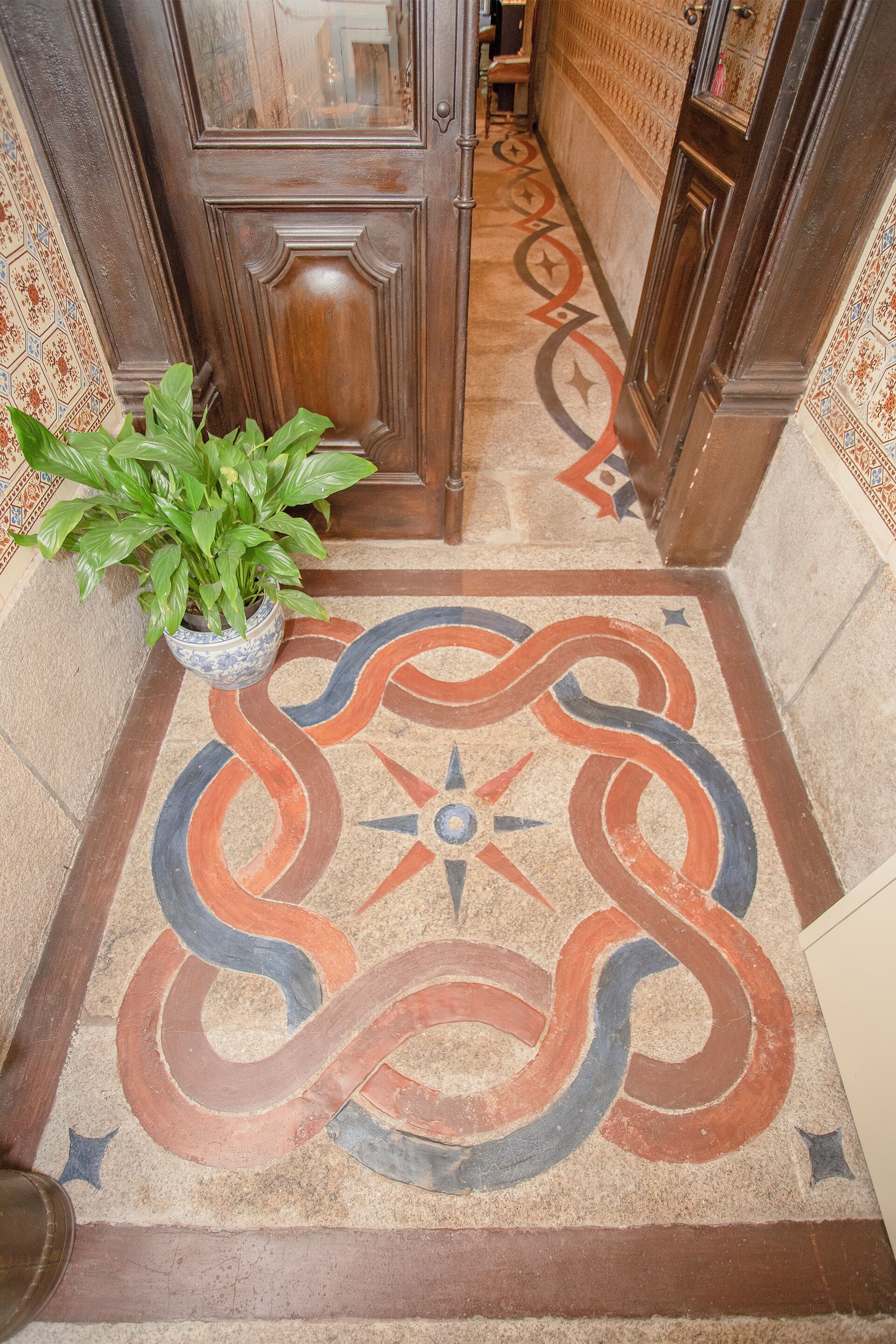 A hallway with a patterned floor, a potted plant, and a wooden door.