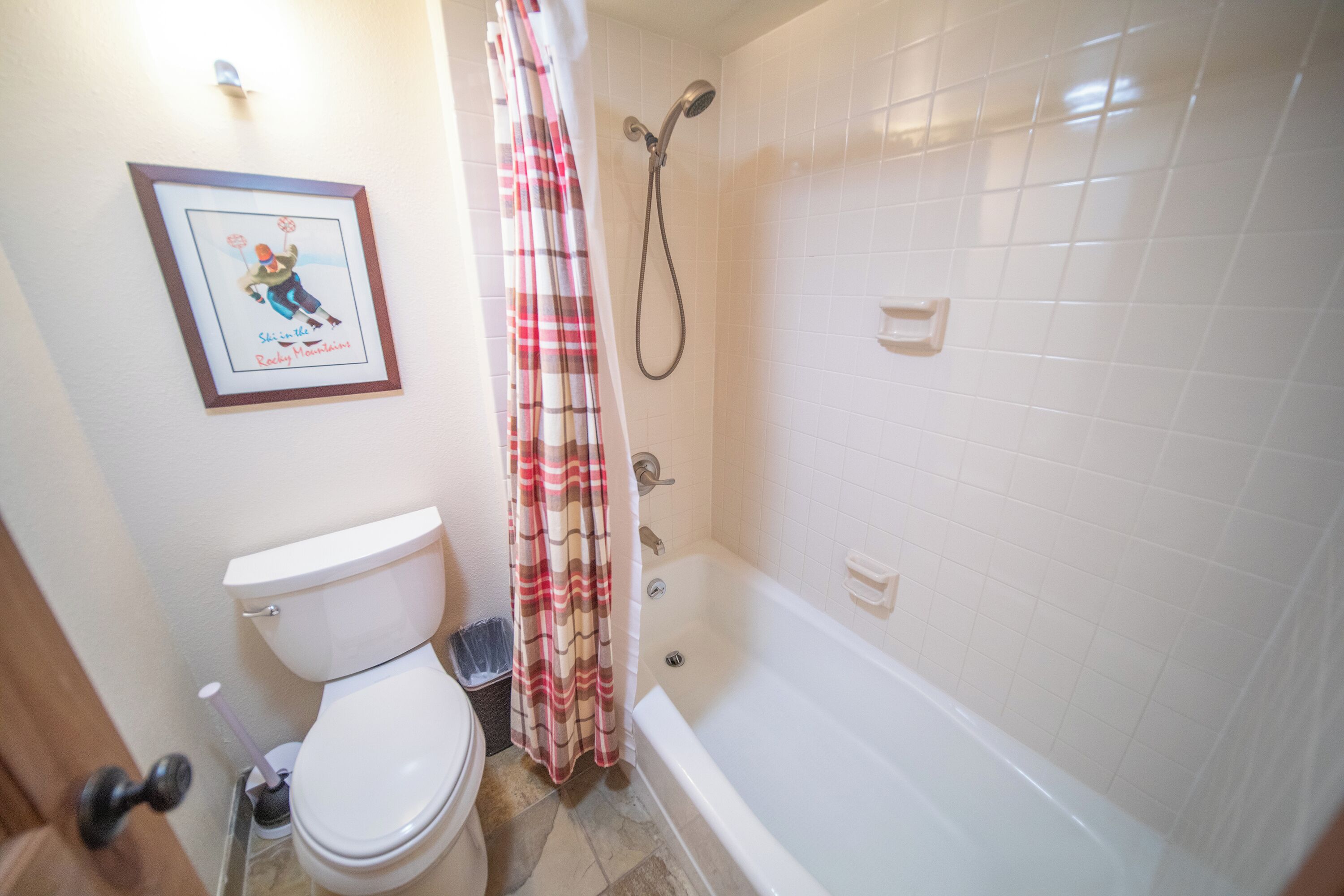 A bathroom with a toilet, a shower, and a framed picture on the wall.
