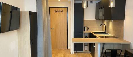 Fridge, microwave, dishwasher