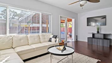 TV connectée, cheminée, écrans d'ordinateur