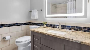 Hair dryer, towels, soap, toilet paper