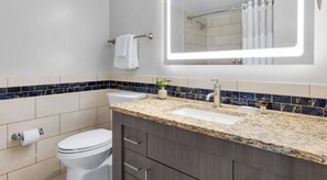 Hair dryer, towels, soap, toilet paper