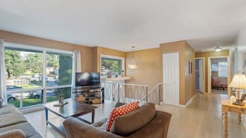 Smart TV, fireplace, video games, foosball