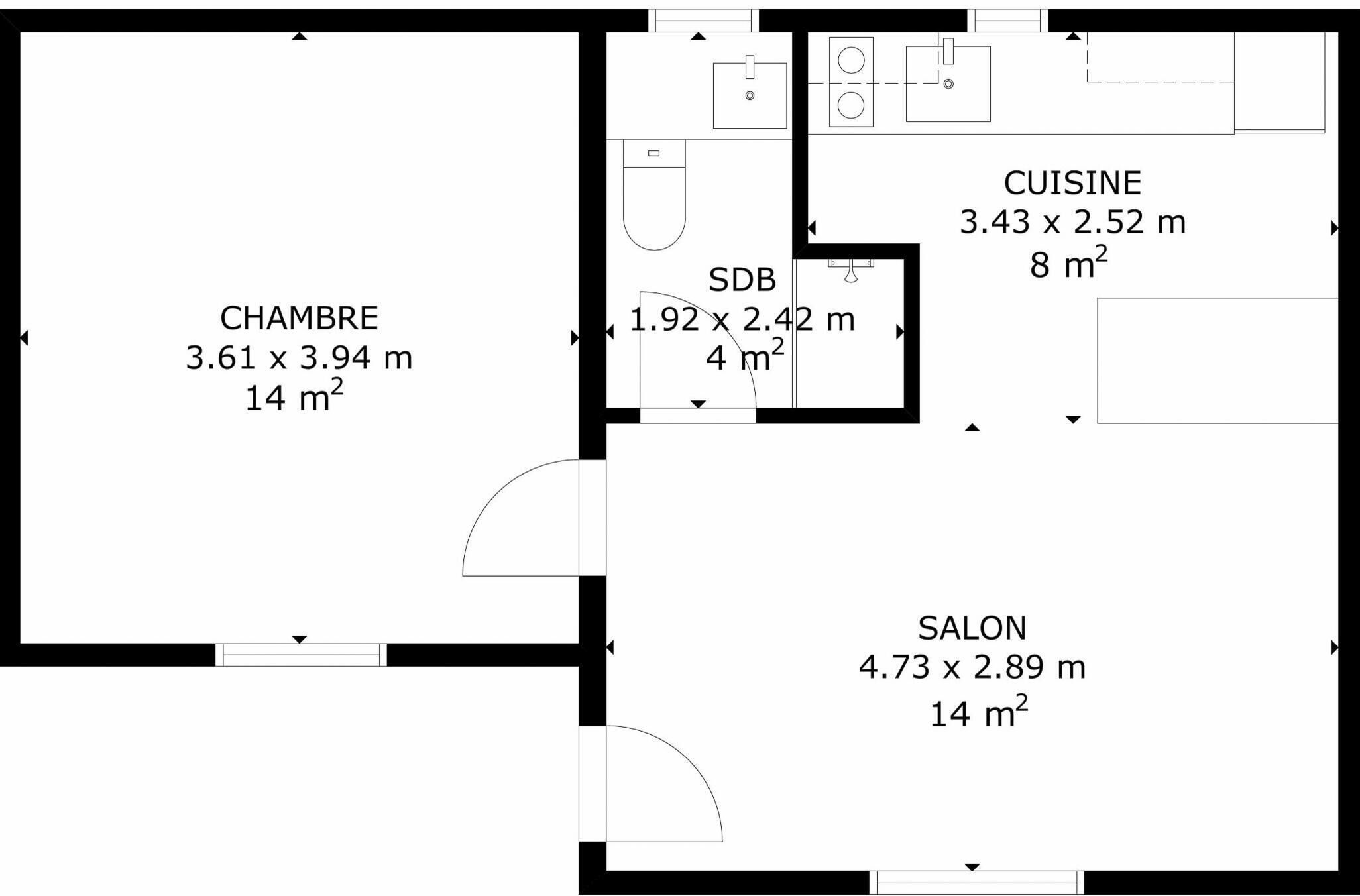 Un plan d’étage comprenant une chambre (14 m²), une salle de bain (4 m²), une cuisine (8 m²) et un salon (14 m²).