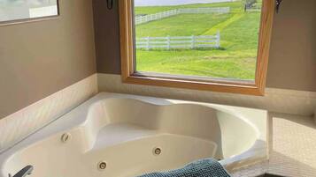 Shower, jetted bath, hair dryer, towels
