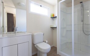 A modern bathroom with a toilet, a shower, and a window.