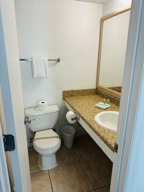 Secadora de cabello, toallas, jabón, papel de baño 